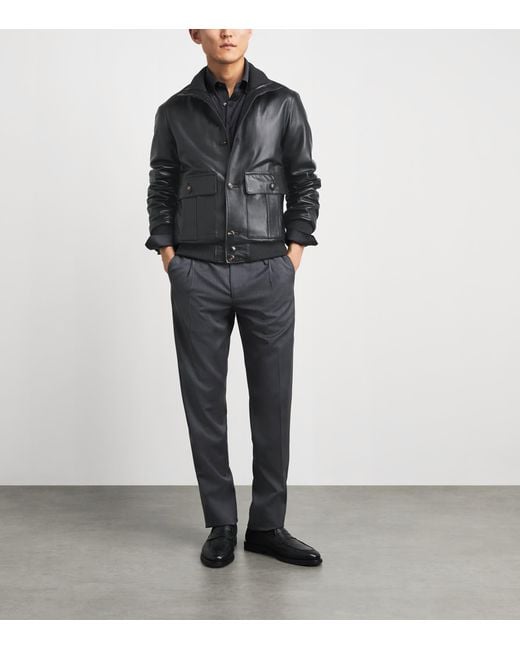 Pal Zileri Black Lambskin Button-Up Bomber Jacket for men