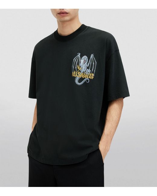 AllSaints Black Cotton Dragon Skull T-shirt for men