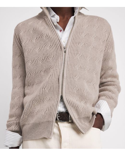 FIORONI CASHMERE Brown Cashmere Cable-Knit Zip-Up Sweatshirt for men