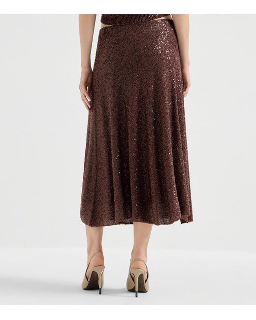 Brunello Cucinelli Brown Linen-Cashmere-Silk Midi Skirt