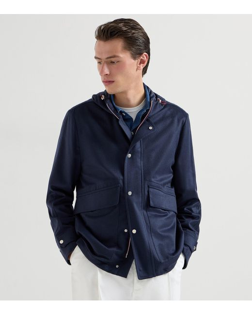 Brunello Cucinelli Blue Cashmere Hooded Jacket for men