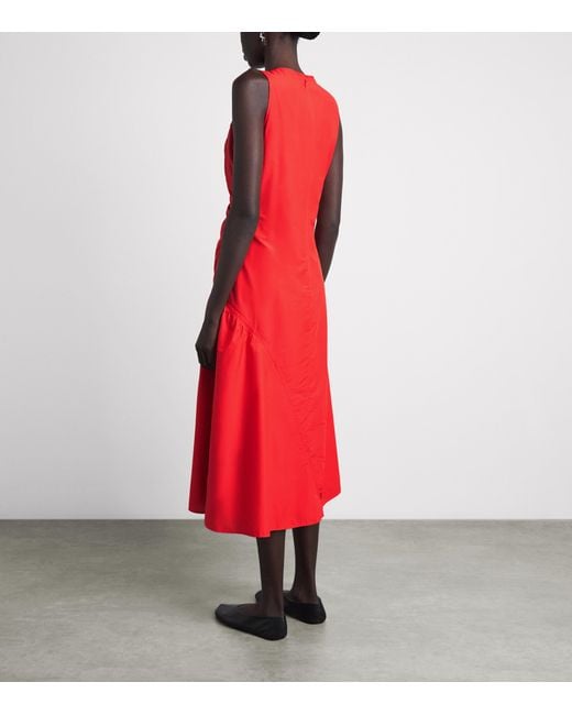 Theory Red Asymmetric Ruched Midi Dress