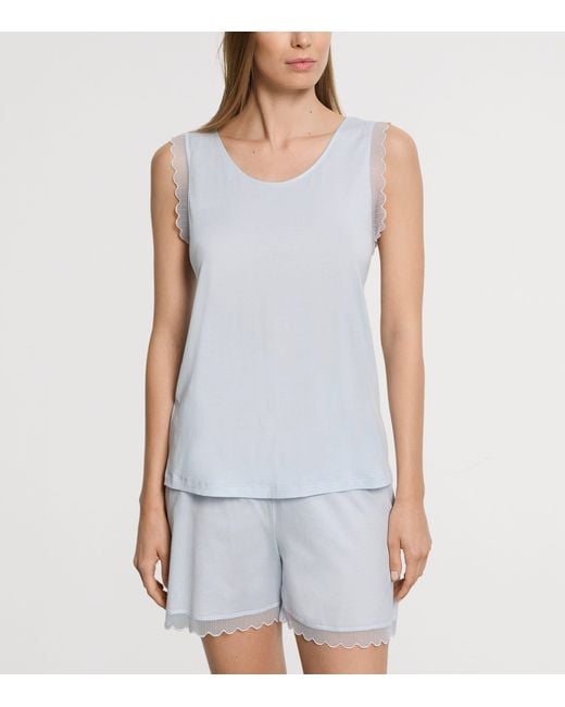 Hanro Blue Cotton Sleeveless Short Inaya Pyjama Set