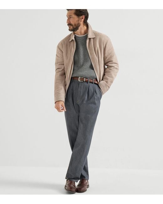 Brunello Cucinelli Brown Suede Two-Way Zip Jacket for men