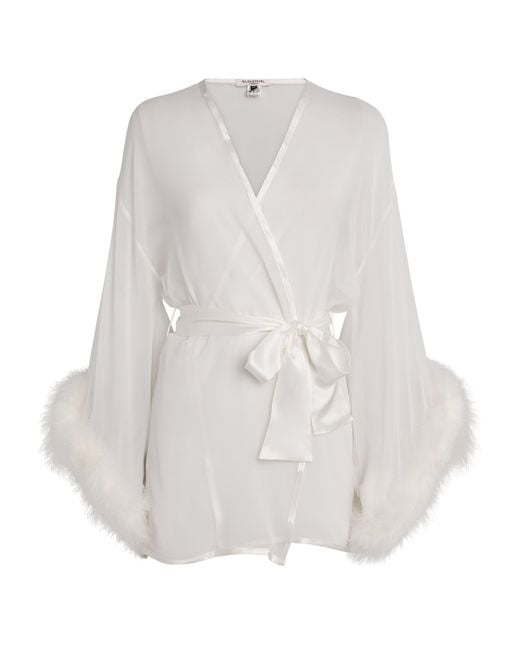 Gilda & Pearl White Silk Feather-Trim Sheer Diana Short Robe