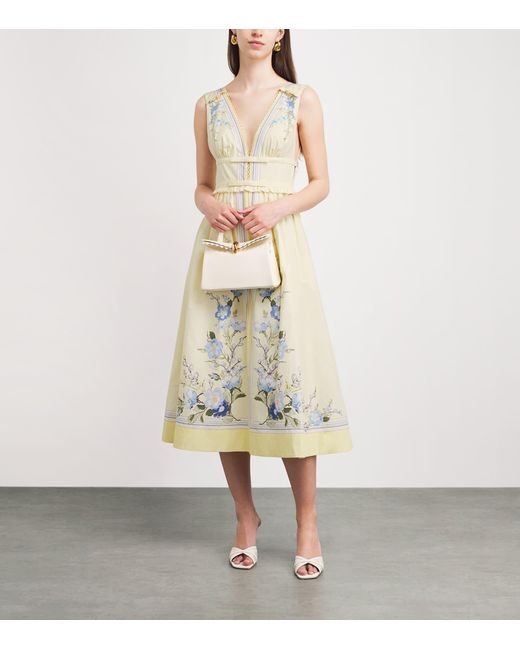 Self-Portrait White Cotton Floral V-Neck Midi Dress