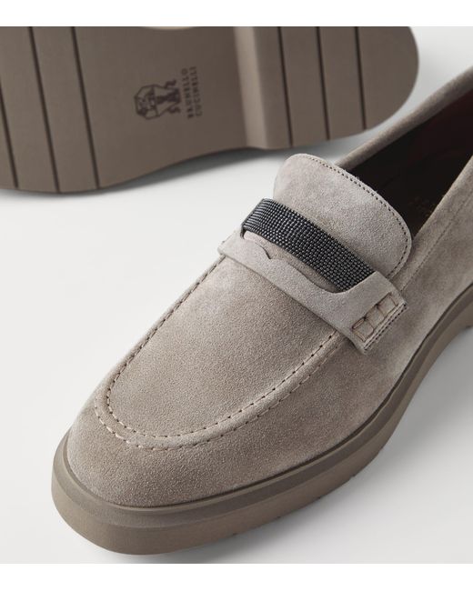 Brunello Cucinelli Gray Suede Monili Penny Loafers