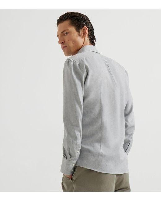 Brunello Cucinelli White Cotton-Blend Chevron Flannel Shirt for men