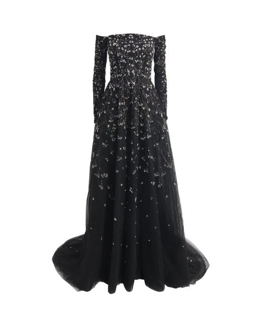 Pamella Roland Black Tulle Bead And Pearl-Embellished Gown