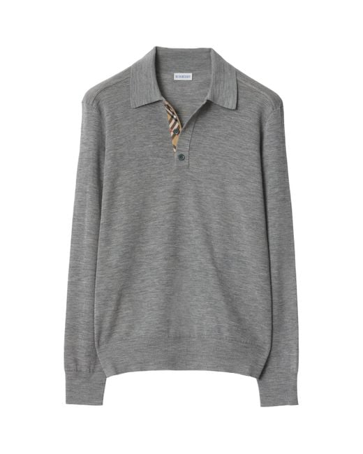 Burberry Gray Wool Check-Detail Long-Sleeve Polo Shirt for men