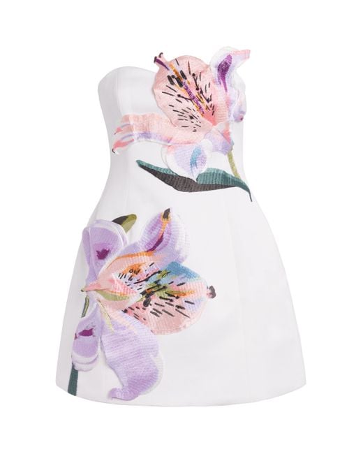 LEO LIN White Satin Floral Appliqué Rosario Mini Dress