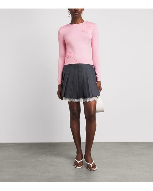 Self-Portrait Pink Flower Appliqué Sweater