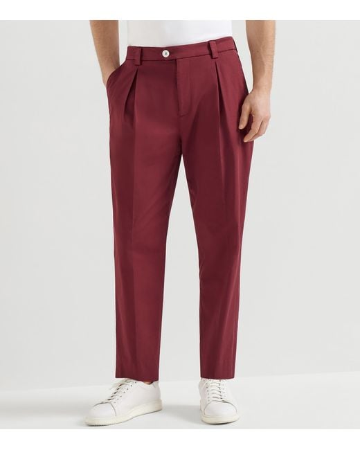 Brunello Cucinelli Red Stretch-Cotton Pleated Trousers for men