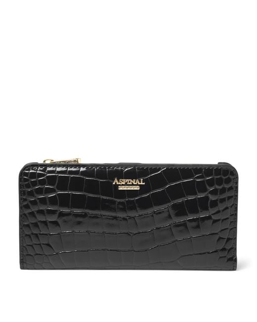 Aspinal Black Large Leather Croc-Embossed Mayfair Purse