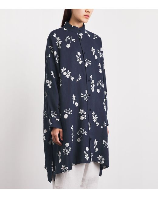 Eskandar Blue Linen Floral Midi Shirt Dress