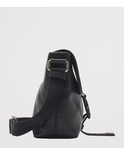 Burberry Black Small Leather Check-Embossed Messenger Bag for men