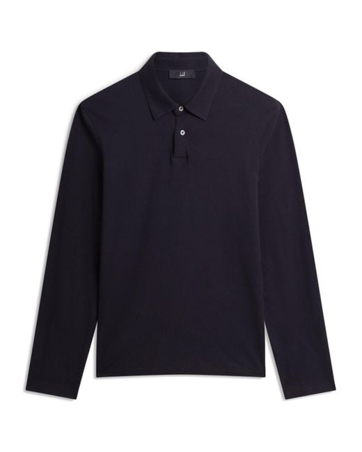 Dunhill Blue Cotton-Silk Piqué Long-Sleeve Polo Shirt for men