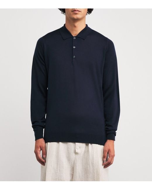John Smedley Blue Extra Fine Merino Long-Sleeve Herbie Polo Shirt for men