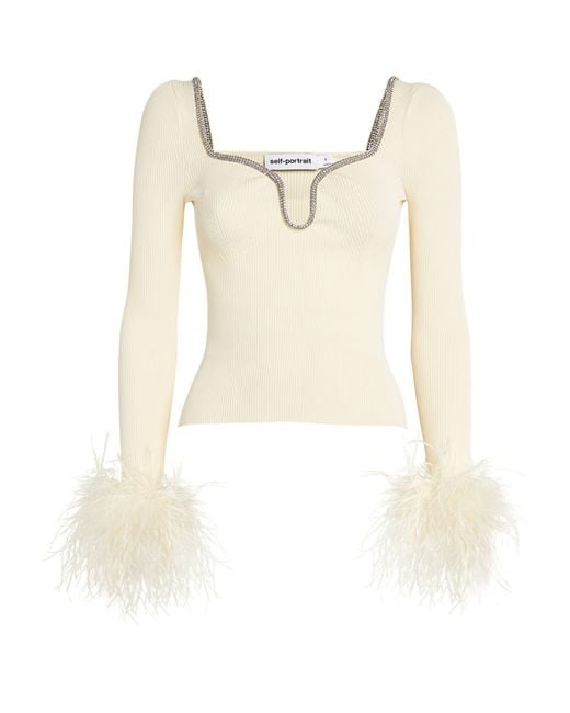 Self-Portrait White Knitted Feather-trim Top