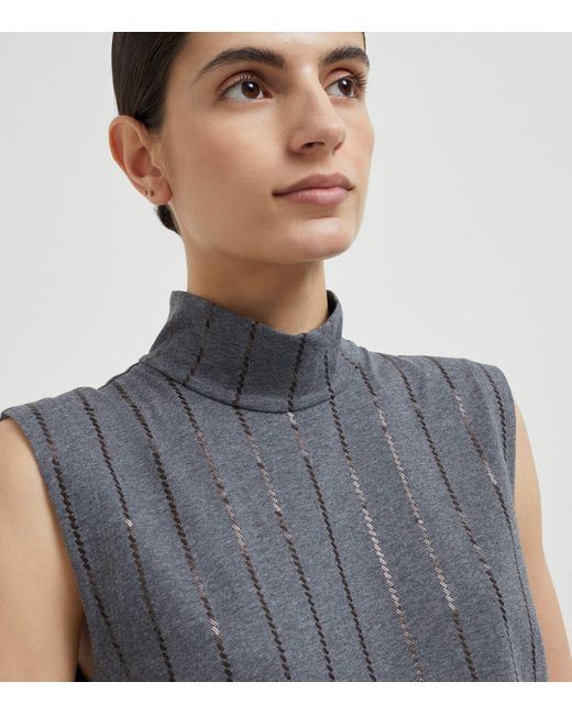 Brunello Cucinelli Gray Cotton Sequin-Stripe Sleeveless Top