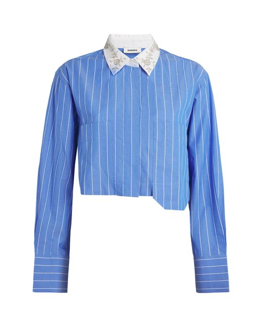 Sandro Blue Cotton Beaded Cropped Shirt