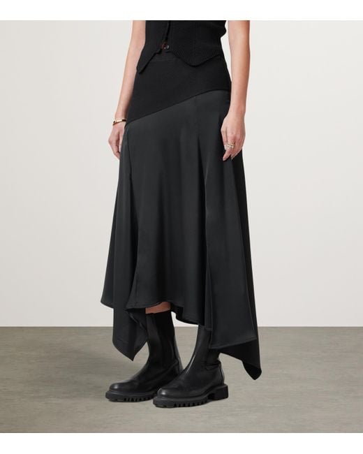 AllSaints Black Satin Pia Midi Skirt