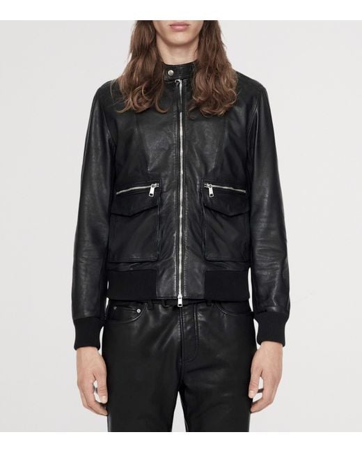 AllSaints Black Leather Hiro Bomber Jacket for men