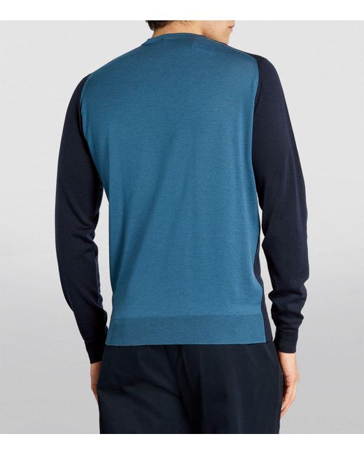 John Smedley Blue Merino Colour-blocked Sweater for men