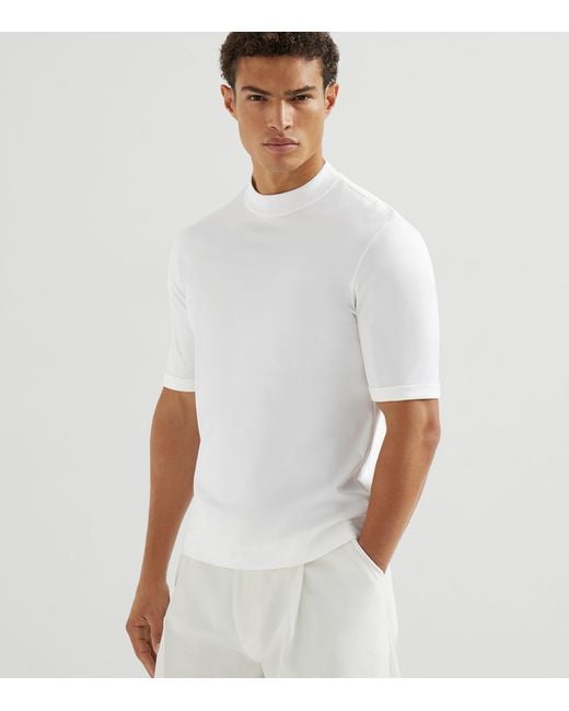 Brunello Cucinelli White Cotton High-Neck T-Shirt for men