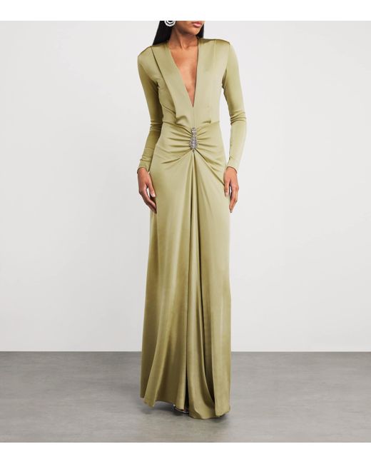 Victoria Beckham Green Long-Sleeve V-Neck Gown