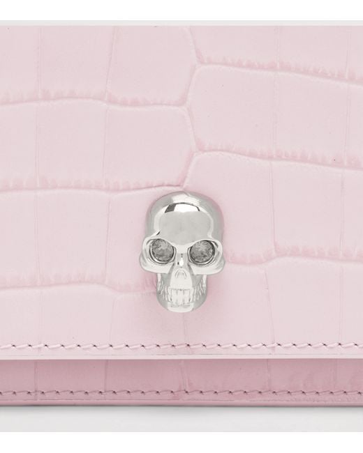 Alexander McQueen Pink Small Croc-Embossed Skull Cross-Body Bag