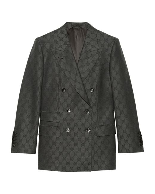Gucci Gray Wool Gg Jacquard Double-breasted Jacket