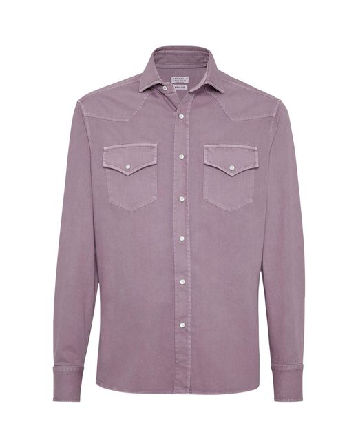 Brunello Cucinelli Purple Denim Garment-dyed Western Shirt for men