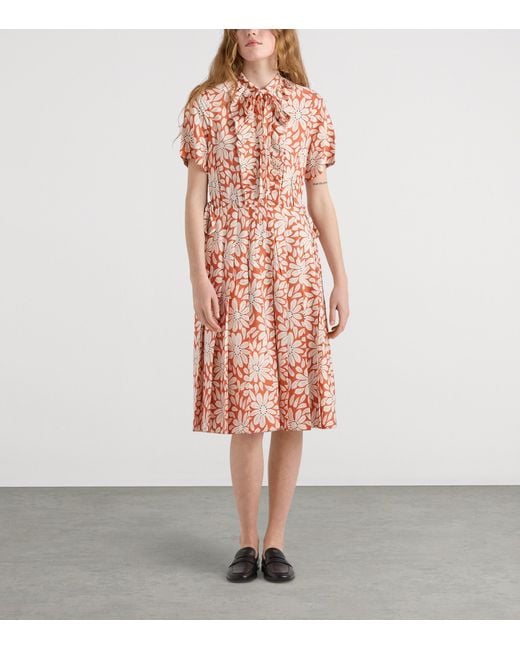 Prada Pink Pongé Printed Pleated Midi Shirt Dress
