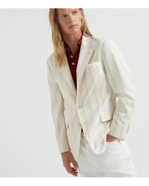 Brunello Cucinelli White Wool-Sea Island Cotton Stripe Blazer for men