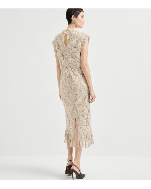 Brunello Cucinelli Natural Mohair-Blend Embellished Midi Dress