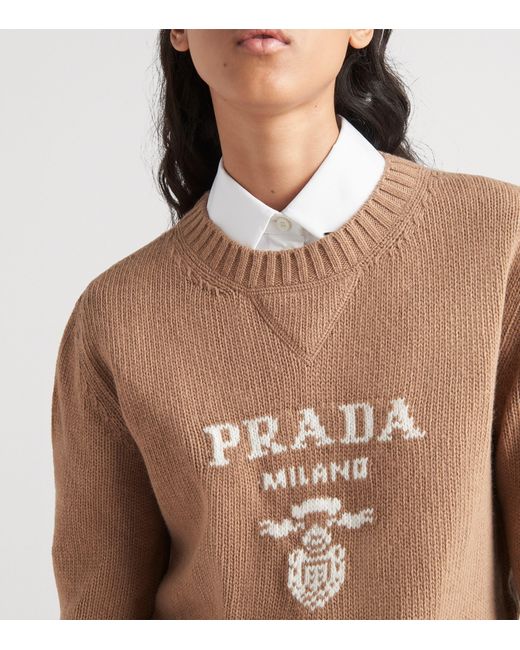 Prada Natural Cashmere And Wool Logo Crew-Neck Sweater
