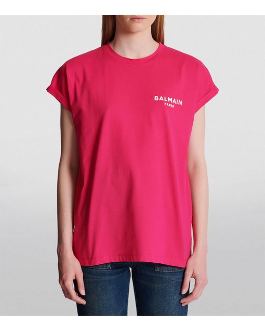 Balmain Pink Flocked Logo T-shirt