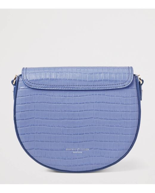 Aspinal Blue Leather Croc-Embossed Portobello Cross-Body Bag