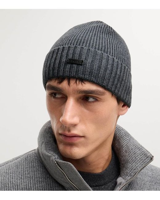Boss Gray Virgin Wool Logo-Badge Beanie for men