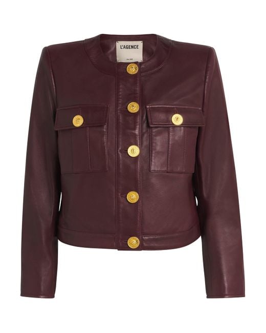 L'Agence Purple Leather Collarless Deidra Jacket
