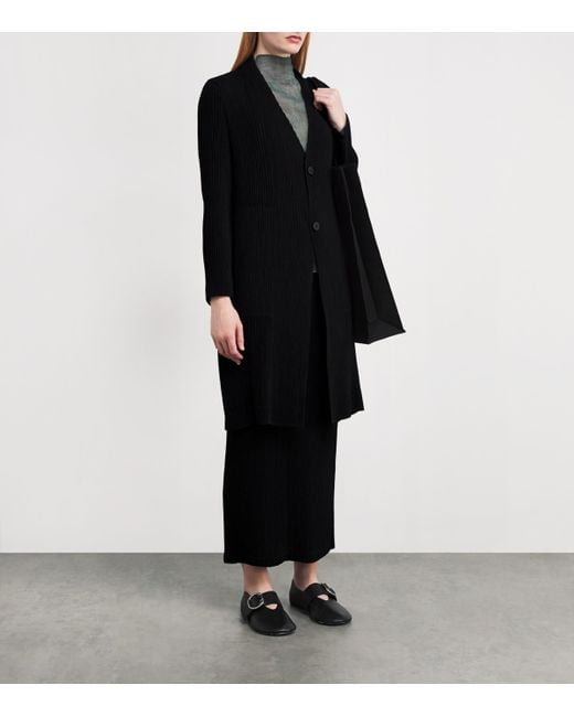 Issey Miyake Black Hatching Pleats Longline Coat