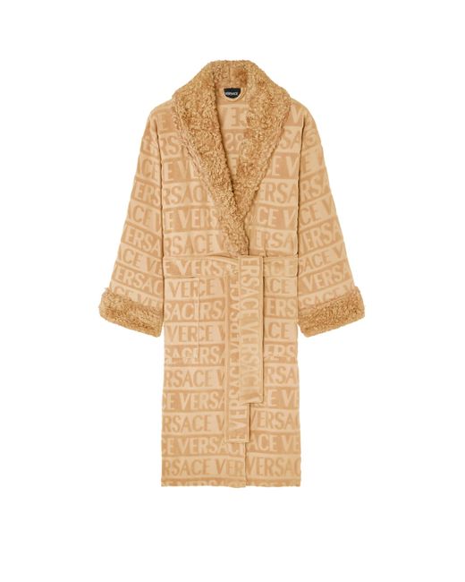 Versace Natural Faux Fur-Trim Monogram Robe