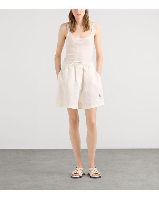 Prada Natural Slubbed Linen Embroidered Shorts