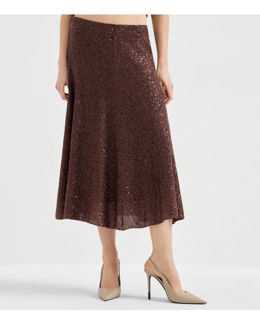 Brunello Cucinelli Brown Linen-Cashmere-Silk Midi Skirt