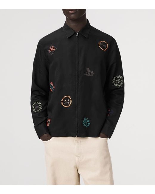 AllSaints Black Embroidered Zip-Up Shirt for men
