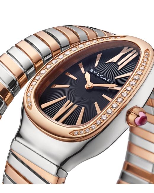 BVLGARI Metallic Stainless Steel, Rose And Diamond Serpenti Tubogas Watch