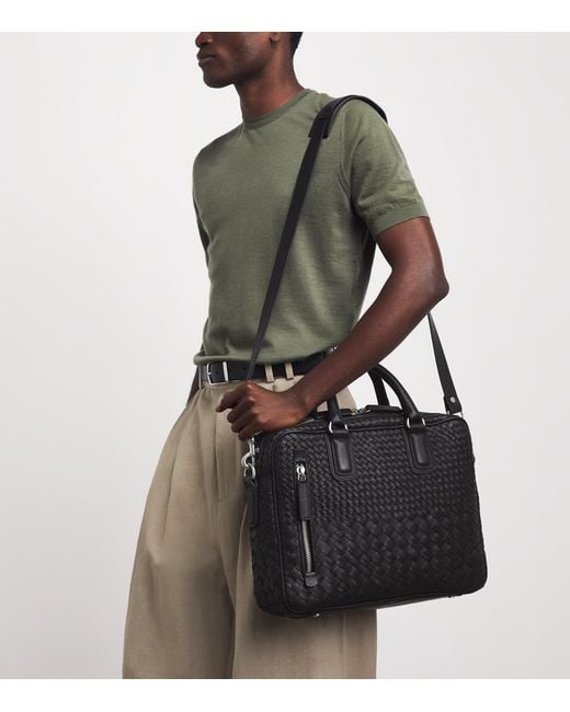 Officine Creative Black Leather Woven Armor Briefcase for men