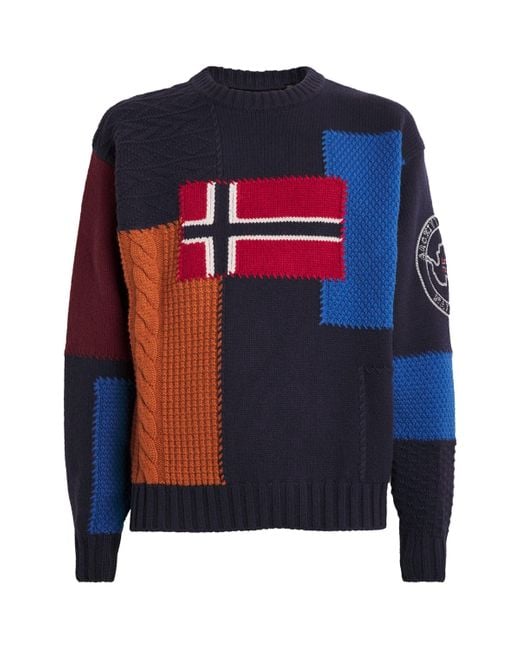 Napapijri Blue Wool Patchwork Sweater for men