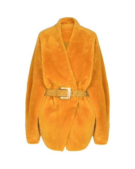 Balmain Orange Shearling Belted Wrap Coat